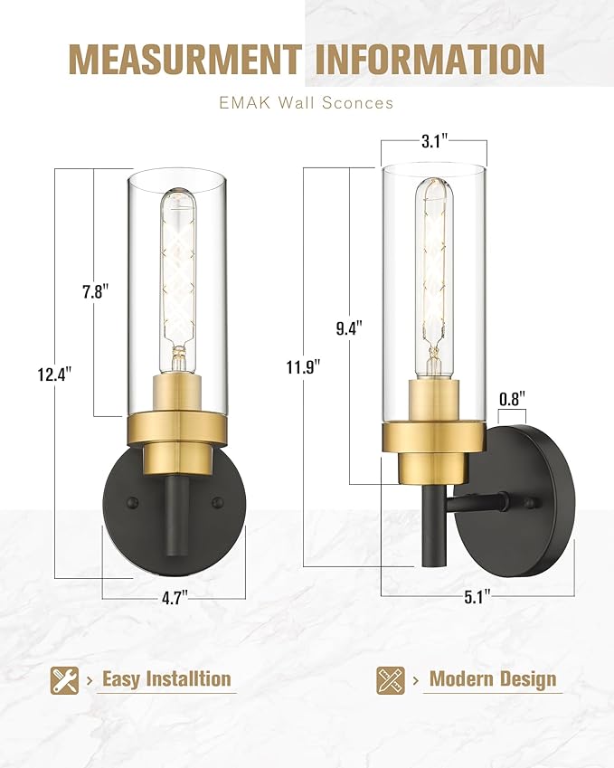 Emak Black and Gold Sconces Wall Decor Set of 2, Bathroom Vanity Light with Clear Glass Shade, Modern Wall Sconce for Bathroom, Bedroom, Living Room, Hallway, WS085-BKBGD-2PK