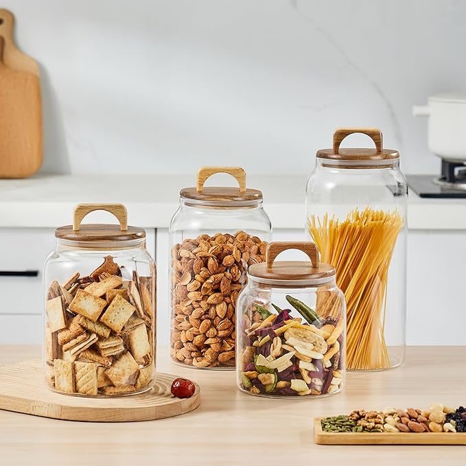 Sweejar Large Glass Candy Jars with Wooden Lids, 1 Gallon Glass Jar with Lid, Sugar/Flour Storage Containers, Big Glass Canisters with Airtight Lid, 2 Pack