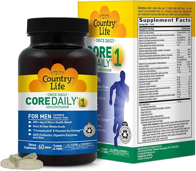 Country Life Core Daily-1 for Men - Multivitamine avec probiotiques, palmier nain, extrait de graines de citrouille et vitamines B coenzymées - Sans gluten et végétarien - 60 comprimés
