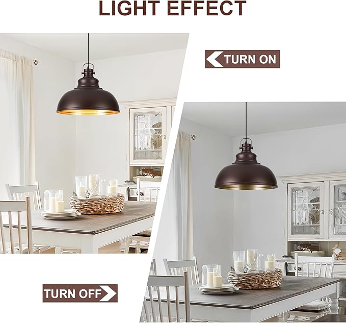 Refice 16 Inch Farmhouse Pendant Lights Kitchen Island Oil Rubbed Bronze Pendant Lighting Industrial Dome Island Pendant Lights, Adjustable Height, Hanging Lights, Dining Room, Barn