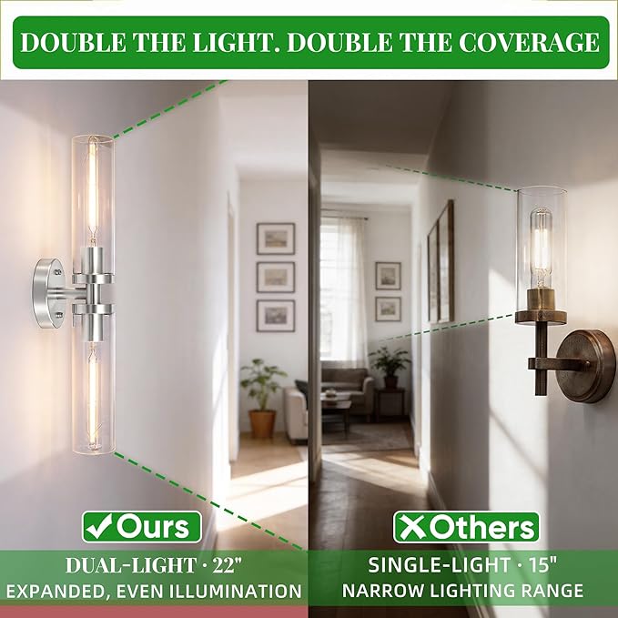 Wall Sconces 2-Pack, Hardwired Bathroom Light Fixtures, Modern Farmhouse Vanity Wall Lighting with Clear Glass Shades, E26 Base Wall Sconce Wall Lights for Bathroom Wall Decor, Brushed Nickel