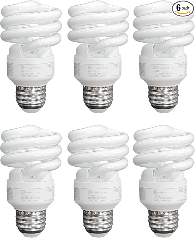 Xtricity Compact Fluorescent Light Bulbs T2 Spiral, E26 Base, 13W (60W Equivalent), 2700k Soft White, 900 Lumens, CFL, 120V - UL Listed, (6 Pack)