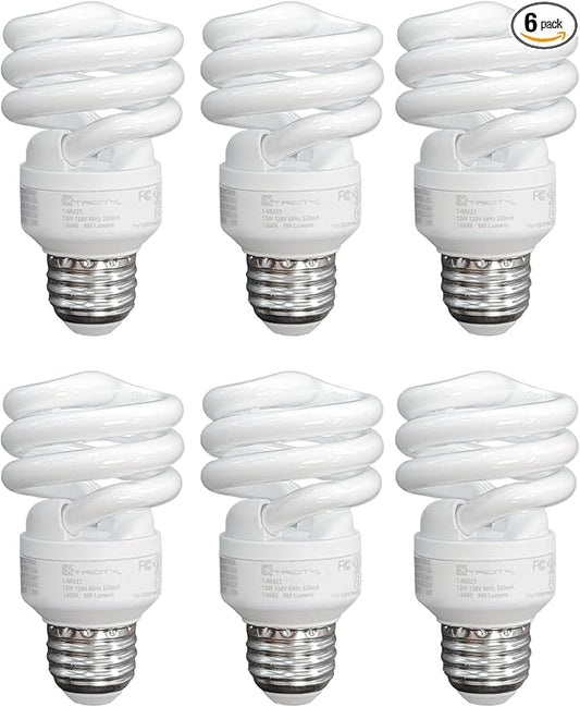 Xtricity Compact Fluorescent Light Bulbs T2 Spiral, E26 Base, 13W (60W Equivalent), 5000k Daylight, 900 Lumens, CFL, 120V - UL Listed, (6 Pack)