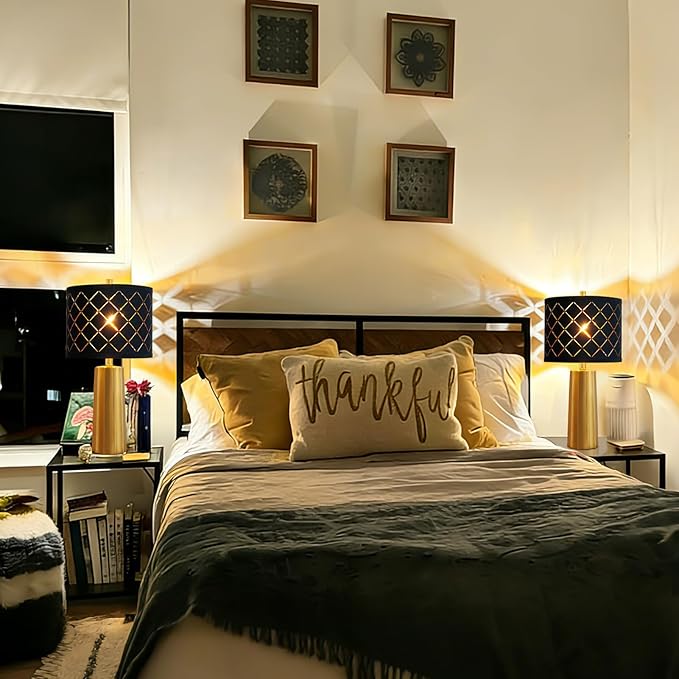 24" Modern Table Lamp for Living Room Bedroom, Gold Nightstand Resin Lamp with Black Grid Shade