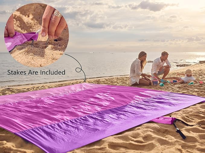 WEKAPO Beach Blanket Sandproof Waterproof, Extra Large Beach Mat, Oversized & Compact Sand Free, Quick Drying Beach Essentials for Vacation, Cruise, Picnic & Camping with Stakes