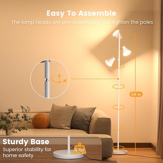 SIBRILLE 36W LED Tree Floor Lamp, Dimmable Tall Standing Lamp with Remote & Touch Control, 4 Color Temperatures Bright Floor Lamp, 3 Rotatable Light Modern Floor Lamps