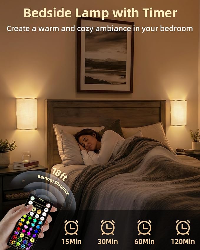 EZVALO Battery Operated Wall Sconce, Wireless Wall Sconces Set of Two with Remote, 3 Color & 80 RGB Rechargeable Wall Lights, Dimmable, Timer, Fabric Linen Shade Wall Decor for Bedroom (White)