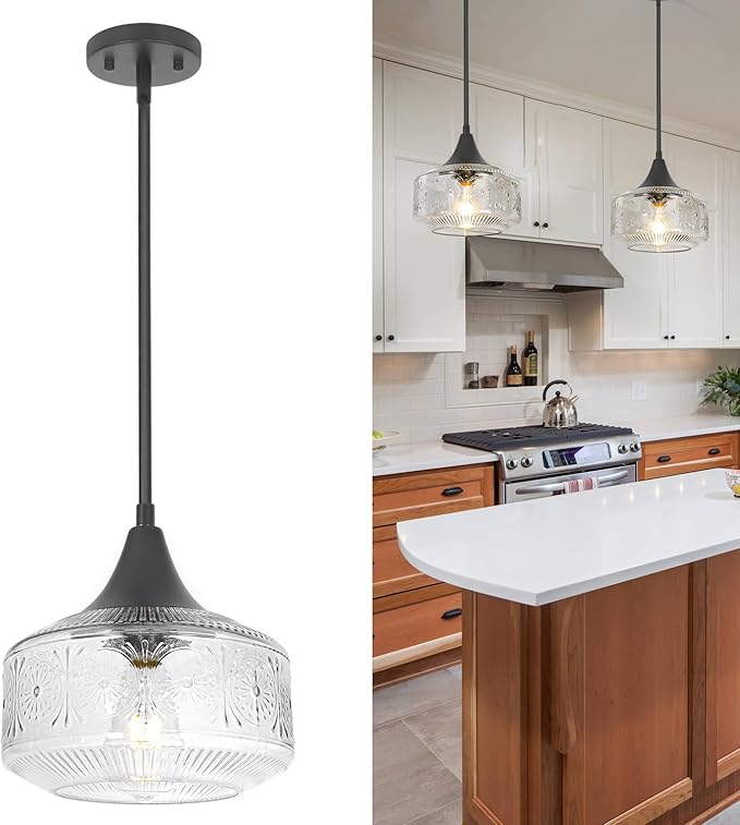 Black Pendant Lights Kitchen Island, Pendant Light with Large Thickened Glass Lampshade, Vintage Pendant Light Hanging Light Fixture for Dining Room Hallway Bedroom, E26 Base & Adjustable Cable