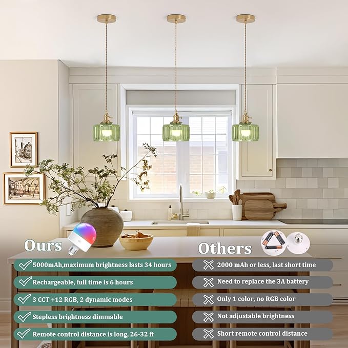 Shenmoyl Battery Operated Pendant Light 5000mAh Rechargeable Chandelier with Remote Control Wireless Adjustable Hanging Green Striped Light for Kitchen Island Dining Room Hallway, 2 Pack