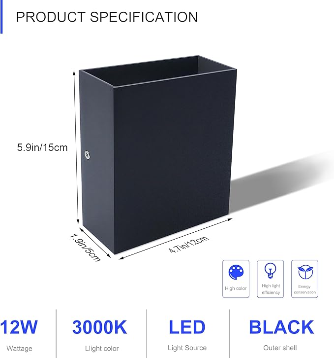KICAAO LED Wall Sconces Set of Two, 12W Modern Wall Lamp, White Up Down Wall Mount Lights for Living Room Hallway Bedroom Decor, Hardwired Aluminum Wall lamp (Black-1pcs)