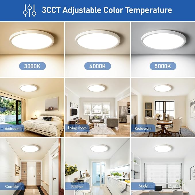 12 Inch Hardwired Dimmable LED Flush Mount Ceiling Light Fixtures, 24W 2640LM 3000K/4000K/5000K, House Upgrade Led Lights for Bedroom Hallway Laundry Room Rental Units, 240W Equiv., Black