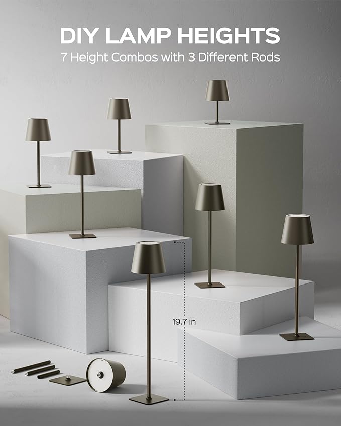 JACKYLED Cordless Lamp DIY Height, 3 Color Stepless Dimming, 5000mAh Battery Operated Lamp Portable Rechargeable for Bedroom Dinning Kitchen, Golden Bronze, 2 Pack