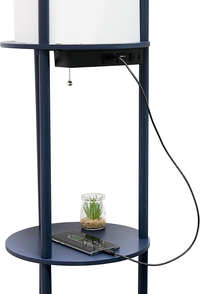 Simple Designs LF2010-NAV 62.5" Round Modern Shelf Etagere Organizer Storage Floor Lamp with 2 USB Charging Ports, 1 Charging Outlet and Linen Shade for Living Room Bedroom Office, Navy