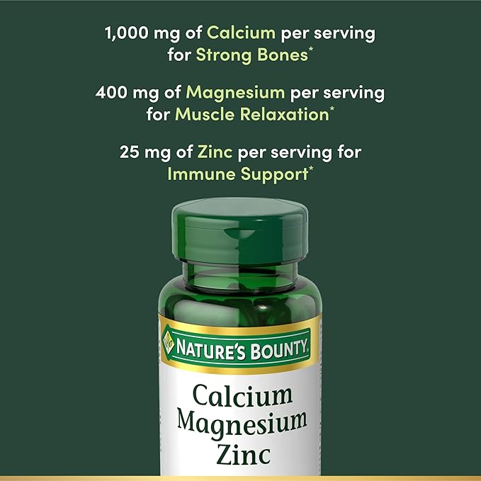 Nature's Bounty Calcium Magnesium & Zinc Caplets, Immune & Bone Health, Daily Supplement, 1000mg Calcium, 400mg Magnesium, 600 IU Vitamin D, Gluten Free, 100 Caplets (Pack of 3)