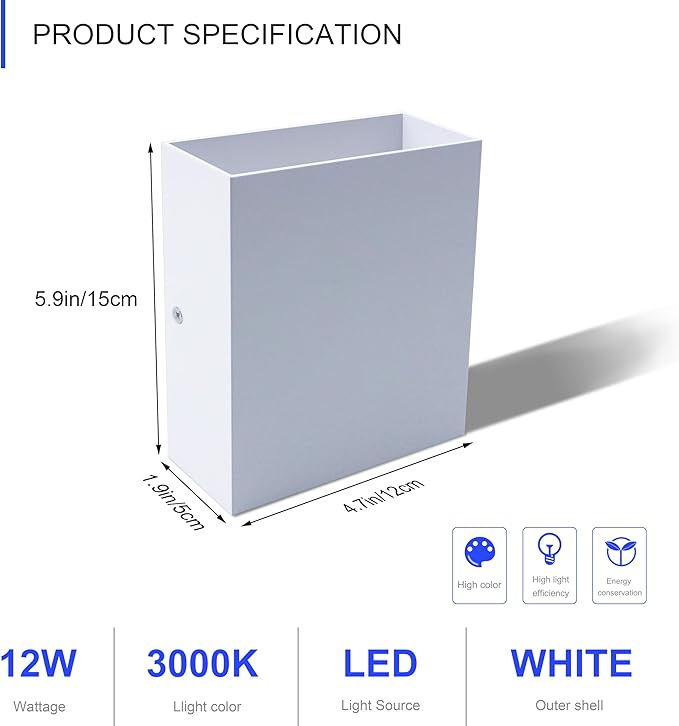 KICAAO LED Wall Sconces Set of Two, 12W Modern Wall Lamp, White Up Down Wall Mount Lights for Living Room Hallway Bedroom Decor, Hardwired Aluminum Wall lamp (White-1pcs)