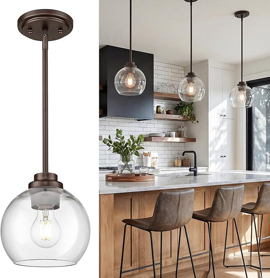 Pendant Lights Kitchen Island, 7" Oil Rubbed Bronze Hanging Lights Fixtures with Clear Glass Globe Shade, Modern Kitchen Island Lighting for Bathroom, AD-22280-1P-ORB