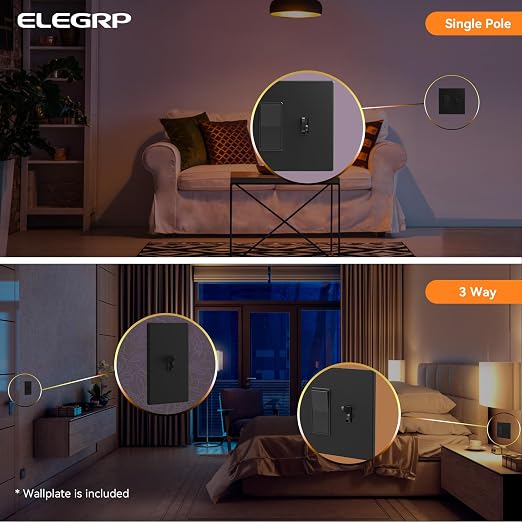 ELEGRP Digital Dimmer Switch for LED/CFL, Toggle Dimmer Switch with Decorative Frameless Design Wallplate, Single Pole/3-Way, UL Listed, 2 Pack, Black