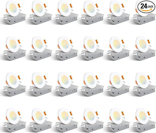 Amico 24 Pack 3 Inch 5CCT Ultra-Thin LED Recessed Ceiling Light with Junction Box, 2700K/3000K/3500K/4000K/5000K Selectable, 7W Eqv 60W, Dimmable Canless Wafer Light, 500LM High Brightness, ETL&FCC
