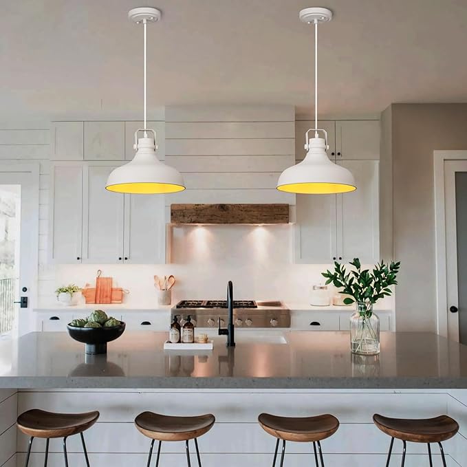 White Farmhouse Pendant Lights Matte Pendant Lighting for Kitchen Island Industrial Adjustable Height Vintage Dome Hanging Light Fixtures for Barn, Dining Room 3 Packs JF2113-P3-W