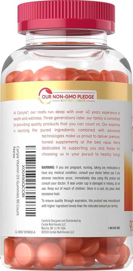 Carlyle Vitamin D3 Gummies | 5000 IU (125 mcg) | 90 Count | High Potency for Adults | Peach Flavor | Vegetarian, Non-GMO, Gluten Free Supplement