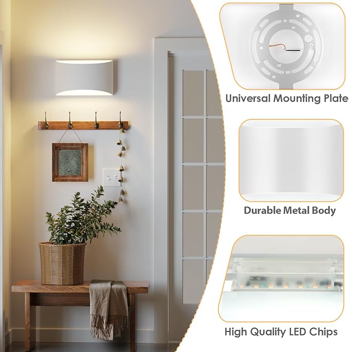 FOLKSMATE Modern LED Wall Sconces Set of 2, 3000K Warm White Up and Down Mount Light, White Large Interior Wall Lights Hardwired Lamp for Indoor Living Room Bedroom Hallway Basement Stairway