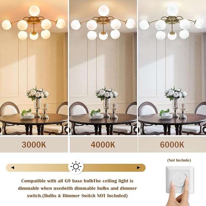 8-Light Milk Glass Pendant Light, 33" Sputnik Bubble Glass Chandelier Light Fixture, Hand Blown Semi Flush Mount Ceiling Chandeliers Lighting for Dining Room, Living Room (Gold, 8-Light Ceiling)