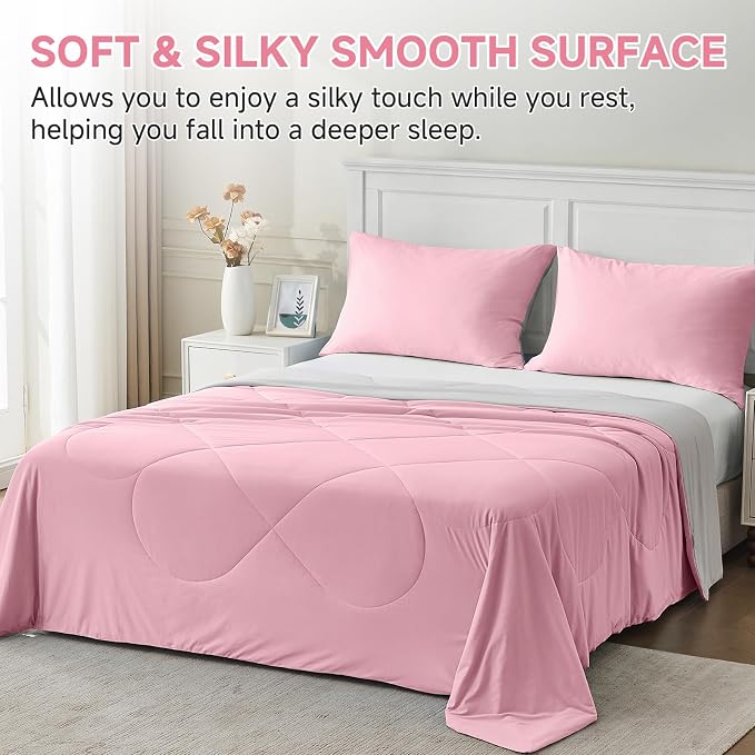HOMFINE Cooling Comforter Queen Size, Pink Summer Cooling Blanket for Hot Sleepers and Night Sweats, Japanese Double-Sided Cold Tech Fabric Q-Max 0.45, Soft Breathable Silky Smooth Lightweight