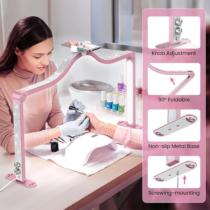 Yokilly Arc Half Moon Light: 34" Shadow-Free Half Moon Light for Desk Salon - Foldable LED Desk Lamp with Stepless Brightness for Manicurist (Rose Pink)