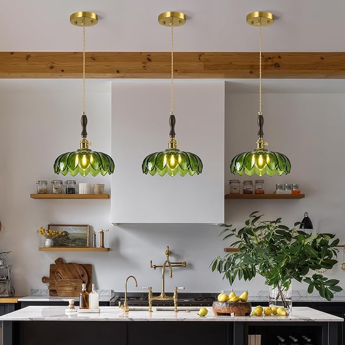 Modern Green Glass Pendant Light Retro Flower Glass Hanging Lamp Gold Brass Decorative Adjustable Ceiling Hanging Light Suitable for Kitchen Island Bedroom Dining Room Living Room