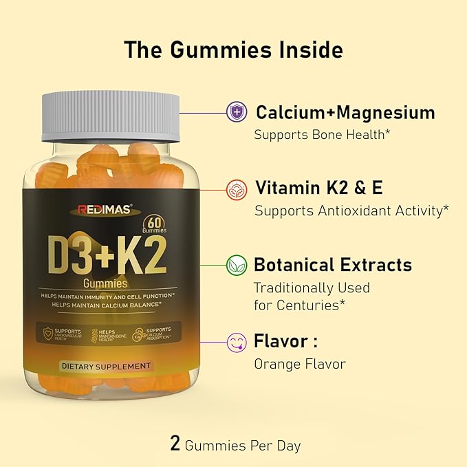 Calcium Gummies with Vitamin D3, K2 and Vitamin E, Chewable Calcium and Magnesium Supplement with Multi-Vitamin Complex, Gummy Format for Daily Nutrient Intake for Women and Men, 60 Gummies