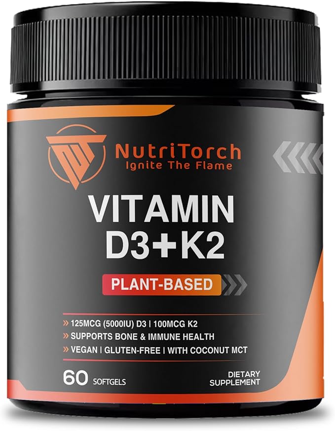 Complément alimentaire végétal Vitamine D3 + K2, 5000 UI D3, 100 mcg K2, 60 gélules, végétalien, sans gluten avec MCT de noix de coco pour la santé des os et du système immunitaire