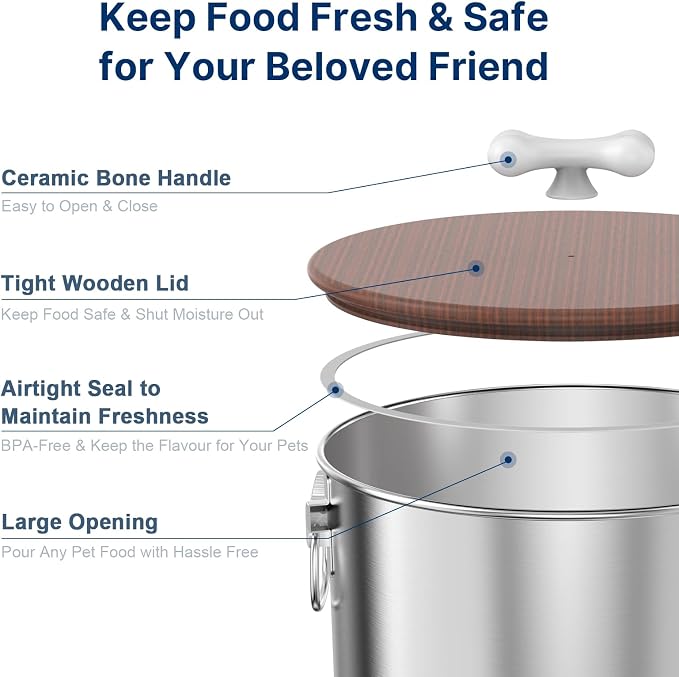 Paw Libero 2PK 35 Lbs total 70Lbs Stainless Steel Dog Food Storage Container with Airtight Wooden Lid & Ceramic Bone Handle, Large Metal Dog Food Bin for Dogs & Cats, Keep Fresh, Easy to Clean