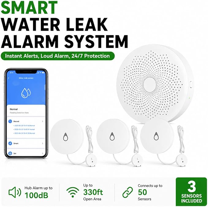 Water Leak Detector Kit with WiFi Hub & 3 Sensors, Smart Water Leak Alarm with App Alerts, 330ft Range, Zigbee Water Sensor for Basement, Kitchen, Bathroom, Washing Machine,White