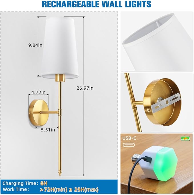 NIORSUN Gold Battery Operated Wall Sconce Set of 2,Rechargeable Wall Lights with 10400mAh Dimmable Detachable Bulbs and Remote,9 Colors Wireless Sconces for Bedroom Living Room Hallway
