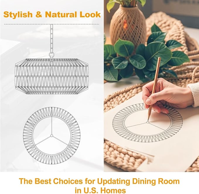 9"-52" Height Adjustable Farmhouse Chandelier Light Fixture, 5-Light Rattan Boho Chandeliers for Dining Room, Hand Woven Pendant Light with Linen Shade, Rustic Hanging Lighting for Kitchen Island