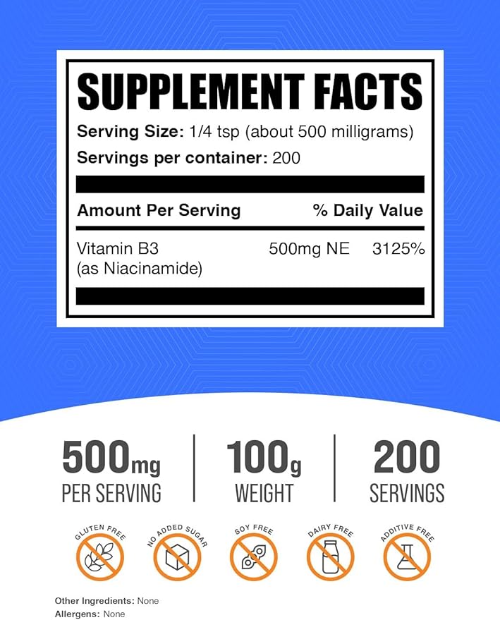 BulkSupplements.com Niacinamide Powder - Vitamin B3 Powder, Niacinamide Supplement, Niacinamide 500mg - B3 Vitamins for Skin, Gluten Free, 500mg per Serving, 100g (3.5 oz) (Pack of 1)