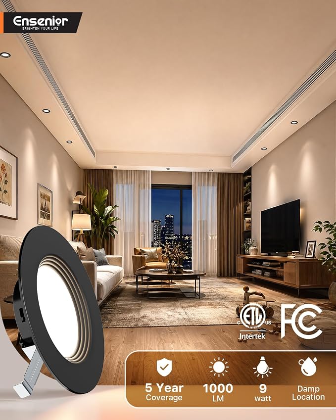 Ensenior 5/6 Inch 5CCT LED Can Lights 4 Pack, Retrofit Led Recessed Lighting, Baffle Trim, Dimmable, 9W=110W, 1000LM, 2700K/3000K/3500K/4000K/5000K Selectable, IC Rated, Black - ETL & FCC