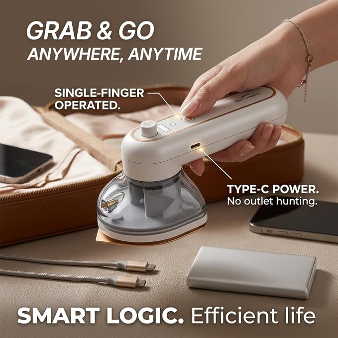 Cordless Handheld Iron, Portable Travel Iron Cruise Approved, USB-C Rechargeable Compact Iron for Spray Assist Dry Ironing with Precision Tip for Clothes，2026 Upgrade