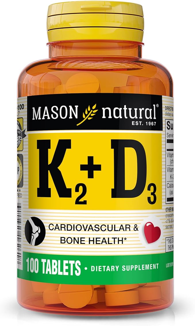 MASON NATURAL Vitamine K2 + D3, Approvisionnement de 100 jours, avec du Calcium pour un Soutien Normal des Os et des Muscles, Comprimés