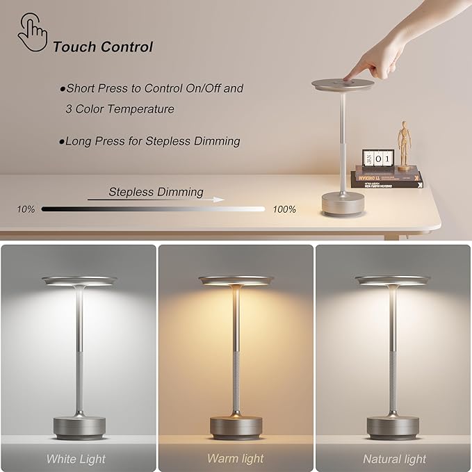 TBBGA 1 Pack Rechargeable Cordless Table Lamps, Portable 5000mAh Battery Table Light, 3 Color Stepless Dimming LED Table Light with Memory Function, for Outdoor/Dinner/Patio/Restaurant.(Silver)