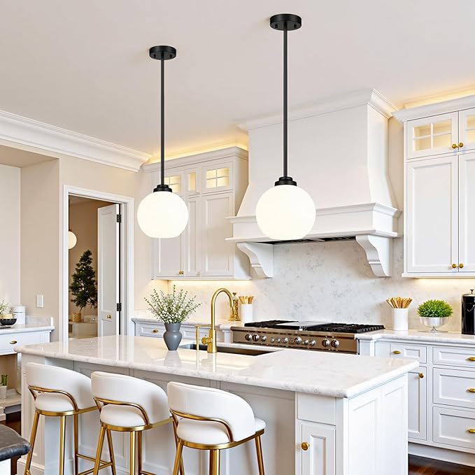 2 Pack 22"-50" Height Adjustable Glass Pendant Lights Kitchen Island, Globe Matte Black Pendant Lights with Milk Glass Shade, Mid Century Pendant Light Fixtures Kitchen Pendant Lighting over Island