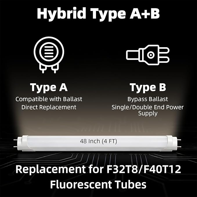 CYLYT Fluorescent Light Bulbs 48 inch, T8 LED Bulb 4 Foot Type A+B Replacement for F32T8 or F40T12 Tube, 26W 3400LM 4100K Cool White, Double or Single End Powered, 4-Pack