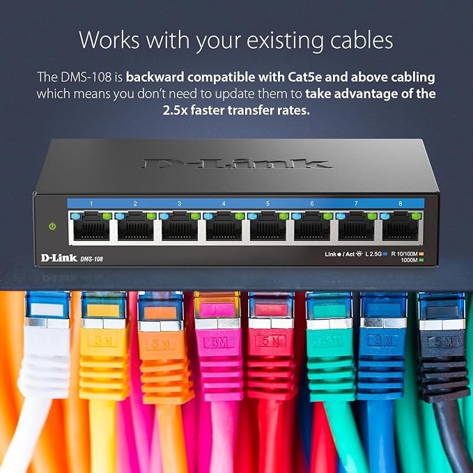 D-Link 8-Port 2.5GB Unmanaged Gaming Switch with 8 x 2.5G - Multi-Gig, Desktop or Wall Mount, Silent Operation, Plug & Play, Follows NDAA/TAA, (DMS-108), Ethernet Splitter, Multi-Gigabit Network