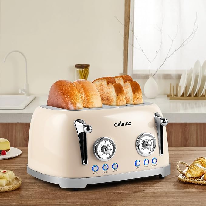 CUSIMAX Toaster 4 Slice, Retro Toaster with Wide Slots for Bagels, Stainless Steel with 6 Toast Settings, Bagel, Cancel, Defrost & Reheat Functions, Dual Independent Control Panels, Cream