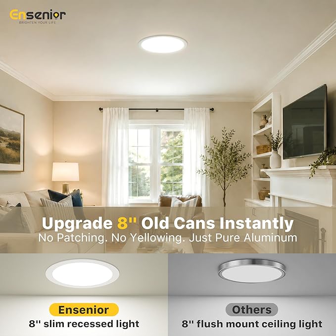Ensenior 6 Pack 8 Inch LED Recessed Light, Dimmable, 2700K-5000K 5CCT, 1600LM High Brightness, 18W 120V, Damp Rated, Ultra-Thin Canless Wafer Light - ETL & FCC & IC