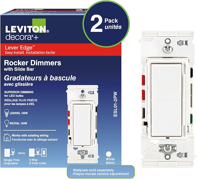Leviton Lever Edge Rocker Slide Dimmer Switch for LED/Incandescent Bulbs, 150 Watt, Single Pole or 3-Way, 2-Pack, ESL01-2PW, White