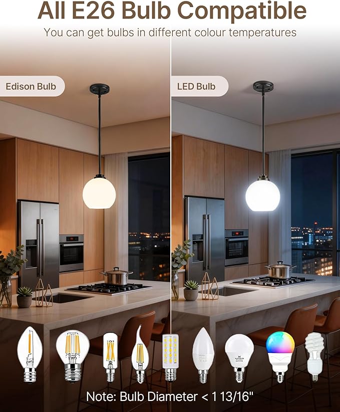 Majade Globe Pendant Lights Mid Century Modern Kitchen Island Pendant Light Fixtures 7.4 Inch Black Brass Pendant Lighting with Milk Glass Adjustable Hanging Light Fixtures for Dining Room(2 Pack)