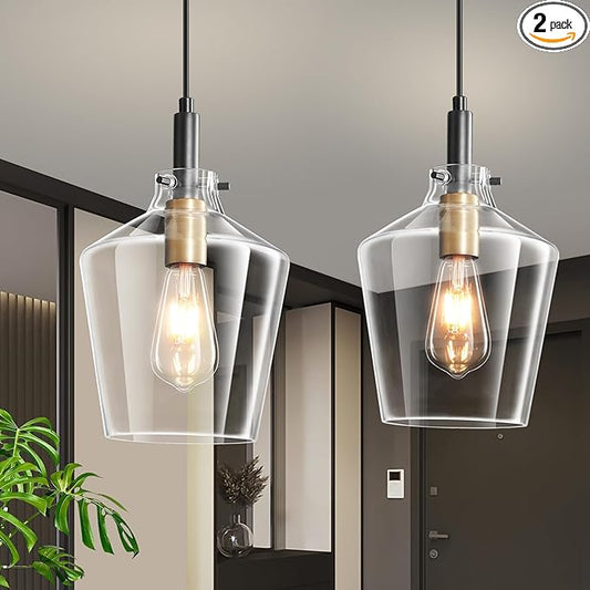 Modern Glass Pendant Lighting for Kitchen Island 2 Pack, Farmhouse Black and Gold Pendant Light Fixtures, Adjustable Hanging Ceiling Light, Angled Clear Glass Shades 8 Inch