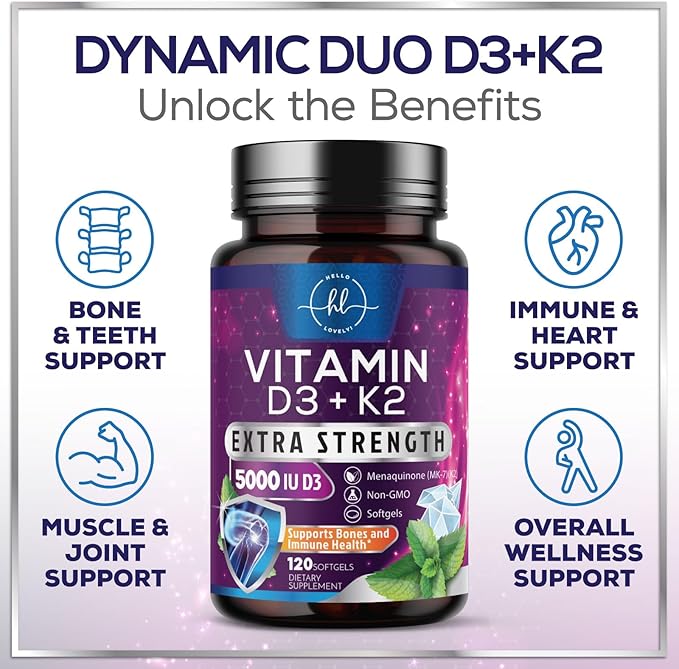 Vitamin D3 K2 5000 IU Plus with K2 (MK-7) 100 mcg - Vitamins D & K Complex Supplement for Bone, Teeth, Muscle, Calcium Absorption, Supports Immune & Heart Health, Non-GMO, Oil Formula - 120 Softgels