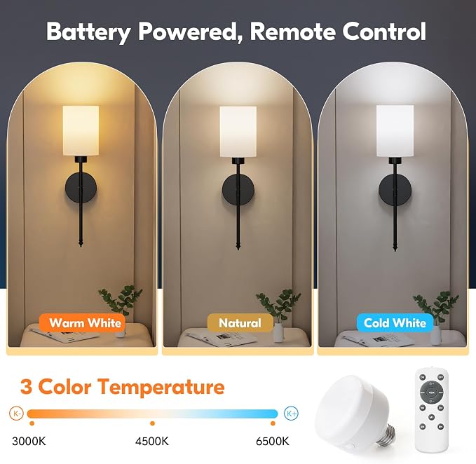 NIORSUN 20.67 inch Battery Operated Wall Sconce Set of 2, Black Rechargeable Wall Lights with 10400mAh Dimmable Bulbs and Remote, 9 Colors Wireless Wall Lamps for Bedroom Living Room Hallway
